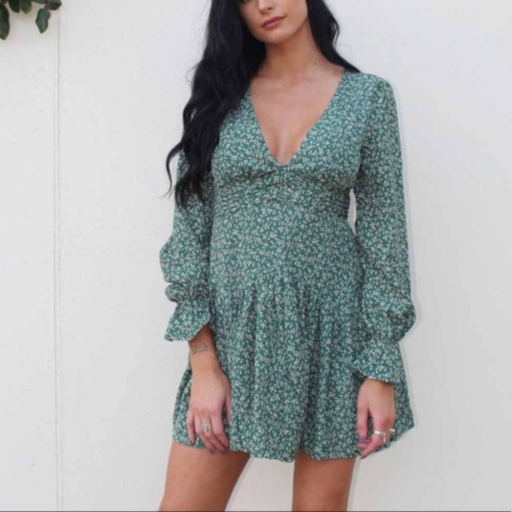 Teal Flutter Sleeve Plunge Boho Dress
